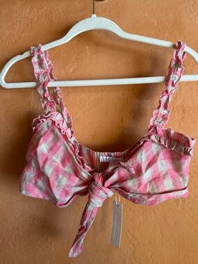 Oliviaceous Pink Gingham Linen Tie Front Bralette Top NWT Size M